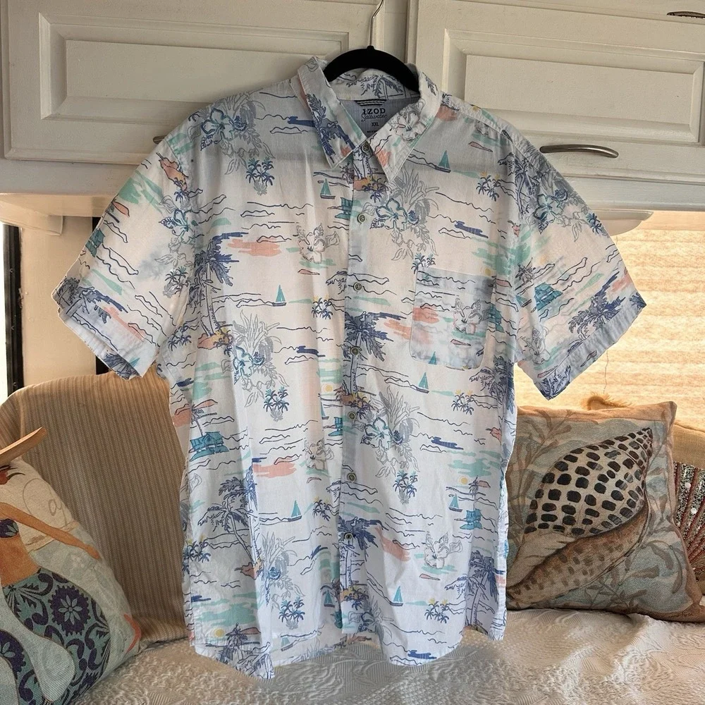 Izod Saltwater Button Up Camp Shirt Size XXL Mens Cotton Hawaiian Sea Beach Sail